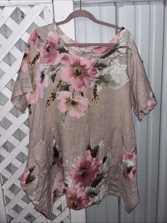 Dresses & Skirts - TLL made in Italy linen Floral Scoop Neck mini dress - Pink Floral